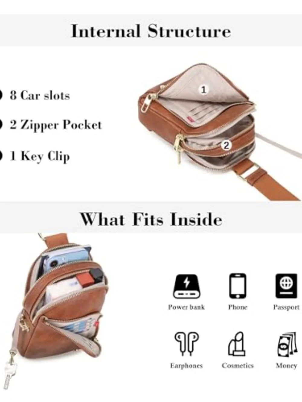Anti Theft RFID Sling Bag Crossbody with 8 Card Slots Vegan Leather
